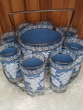 Blue Floral Glass Tumbler Set with Carrier
